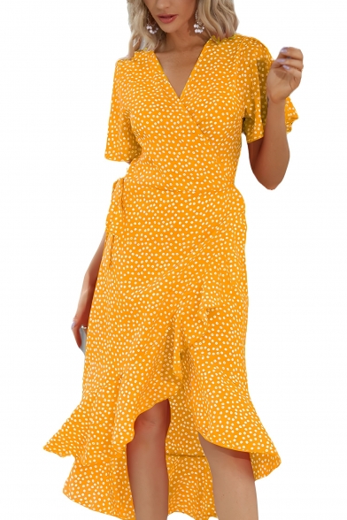Beautiful Girl Polka Dot Pattern V-neck Irregular Short-sleeved Dress
