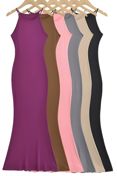 Elegant Woman Solid Color Round Neck Fishtail Slim Package Hip Sling Dress