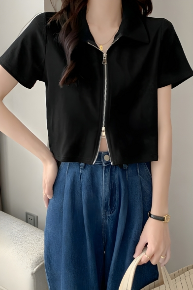 Simple Girls Solid Color Lapel Zipper Short Sleeve Summer Polo Shirt