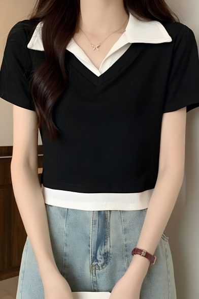 Creative Girl's Lapel Collar Short Sleeve Summer Fake Two Polo Shirt