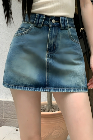 Creative Girl's Solid Color Summer Anti-fading High Waist Denim Skirt