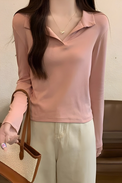 Simple Girl's Solid Color Lapel Collar Long Sleeve Summer Polo Shirt