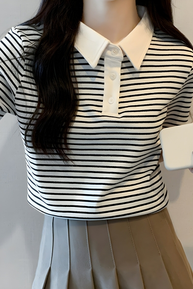 Simple Girls Striped Pattern Button Detail Short Sleeve Polo Shirt