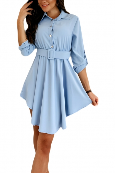 Women's Fashionable Solid Color Waist Slim A-Line Shirt Dress
