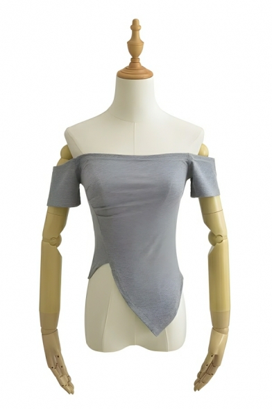 Creative Girl's Solid Color Off-Shoulder Short Sleeve Irregular T-Shirt