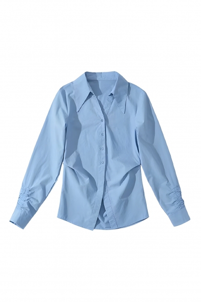 Girl Unique Solid Color Long Sleeve Lapel Loose Fit Breasted Shirt