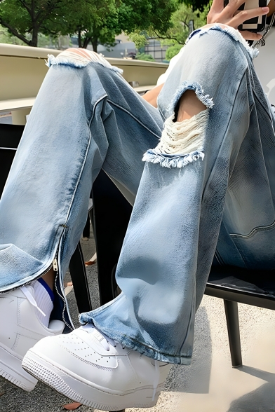 Retro Men's Solid Color Straight-leg Ripped Zipper Detail Jeans