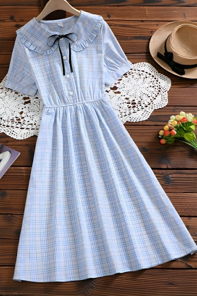 Boyish Girl's Plaid Patterned Short Sleeved Relaxed Fitted Dress