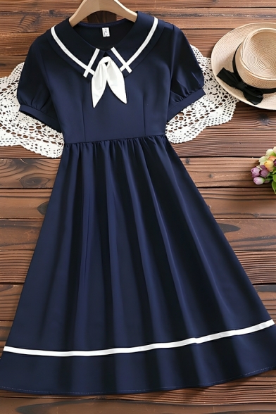 Creative Girl's Solid Color Short Sleeved Loose Doll Collar Skirt