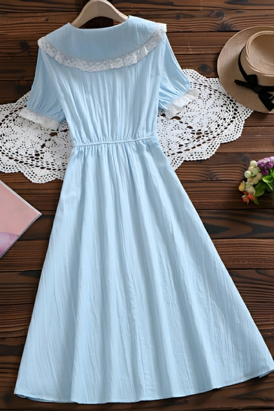 Stylish Girl's Solid Color Short Sleeve Button Detail A-line Dress
