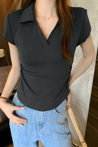 Casual Girls Solid Color Pleated Summer Short Sleeve Polo Shirt