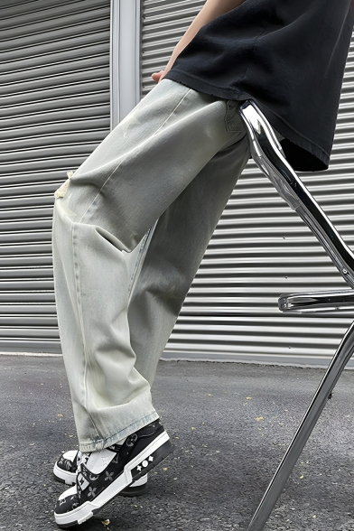 Retro Men's Star Pattern Straight Leg Loose Shredded Detail Jeans