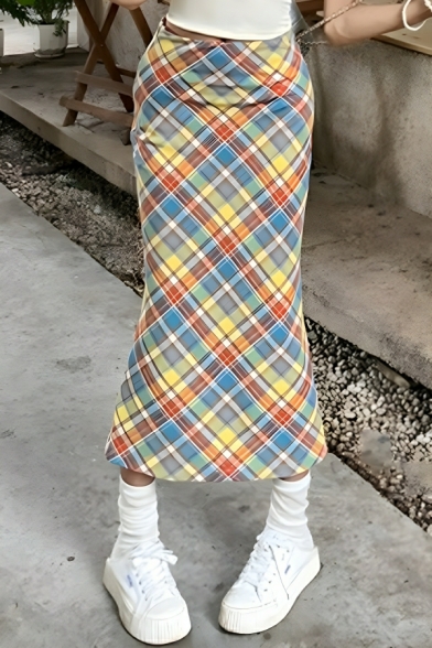 Simple Girl's Plaid Pattern Summer High Waist Slim A-line Skirt