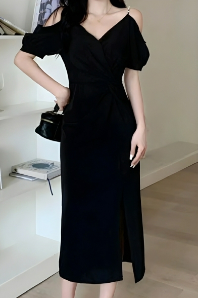 Elegant Woman Solid Color Light Familiar V-neck Slim Slit Suspender Dress