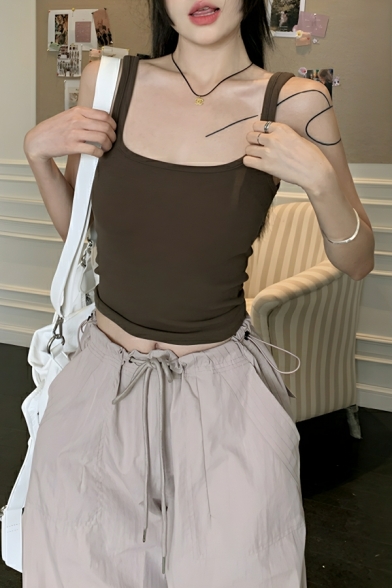 Modern Woman Solid Color Square Collar Sleeveless Suspender Slim Fit Short Vest T-shirt