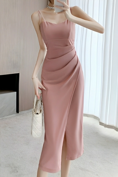Creative Women's Solid Color Sexy Sleeveless Slit Midi Dress