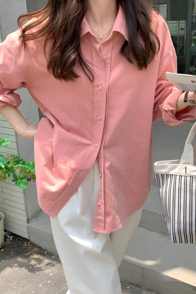 Girl Fancy Solid Color Long Sleeve Lapel Straight Breasted Shirt