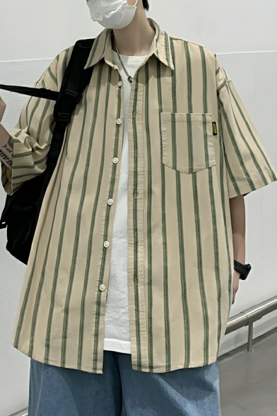 Modern Men's Stripe Pattern Regular Short Sleeve Spread Breasted Shirt