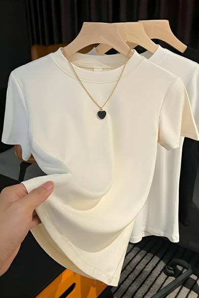 Modern Women's Solid Color Round Neck Short-sleeved Simple Design Slim Fit T-shirt