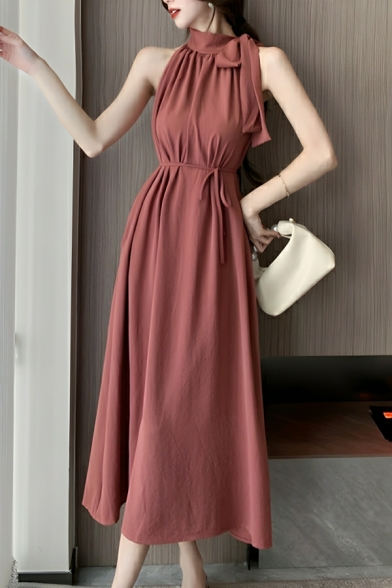 Creative Girl's Solid Color Sleeveless High-end Retro Halter Neck Dress