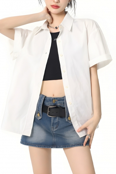 Girl Stylish Solid Color Short Sleeve Lapel Straight Breasted Shirt