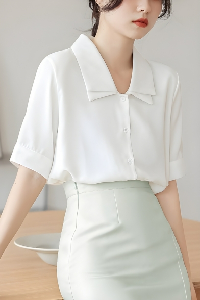 Girls Fashion Solid Color 5 Quarter Sleeve Lapel Loose Buttoned Shirt