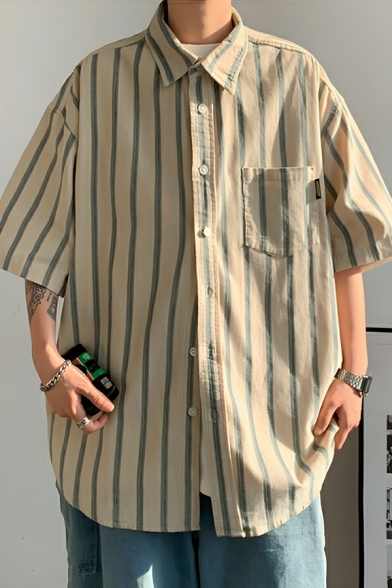 Modern Men's Stripe Pattern Regular Short Sleeve Spread Breasted Shirt