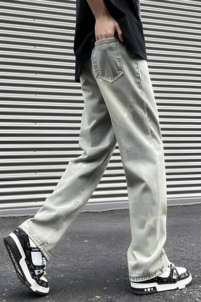 Retro Men's Star Pattern Straight Leg Loose Shredded Detail Jeans