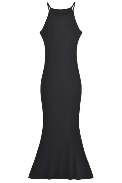 Elegant Woman Solid Color Round Neck Fishtail Slim Package Hip Sling Dress