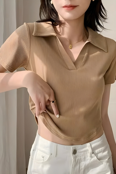 Girl Simple Solid Color Short Sleeved Summer Irregular Polo Shirt