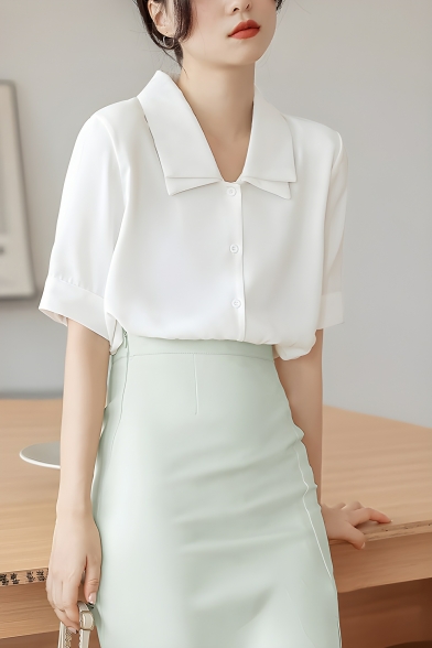 Girls Fashion Solid Color 5 Quarter Sleeve Lapel Loose Buttoned Shirt