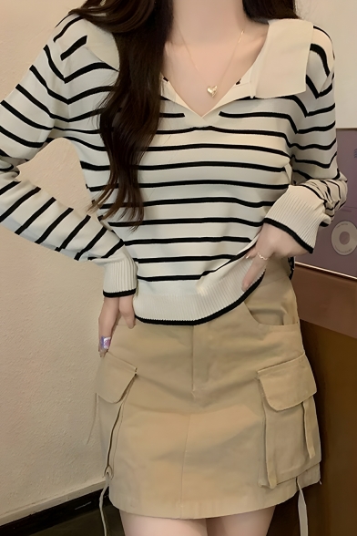 Simple Girls' Striped Pattern Lapel Long Sleeve Autumn Polo Shirt