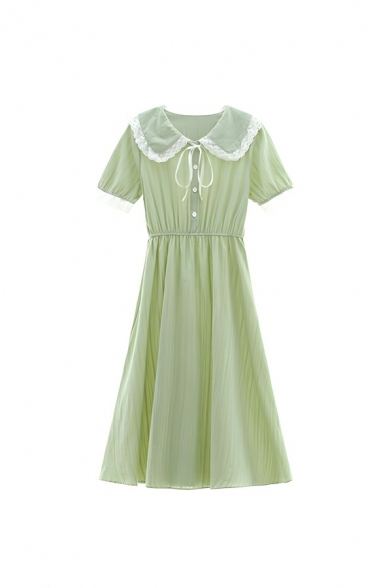 Stylish Girl's Solid Color Short Sleeve Button Detail A-line Dress