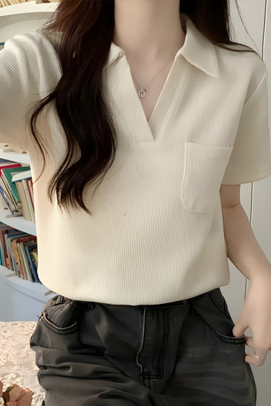 Simple Girl's Solid Color Lapel Collar  Short-sleeved Summer Polo Shirt