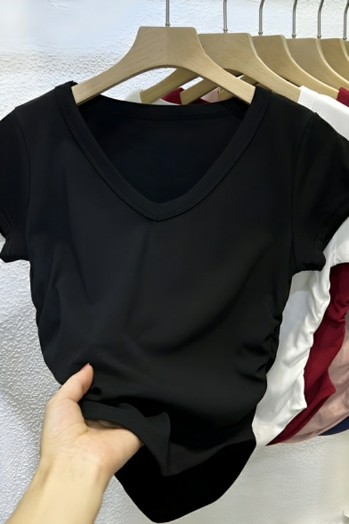 Modern Women's Solid Color V-neck Short-sleeved Side Elastic Pleated Design T-shirt