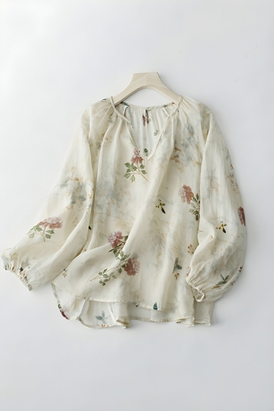 Street Style Girl's Printed Pattern Cotton Linen V-Neck Shirt