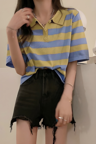Fashionable Girls' Round Neck Short Sleeve Loose Striped Contrast Color Polo Shirt