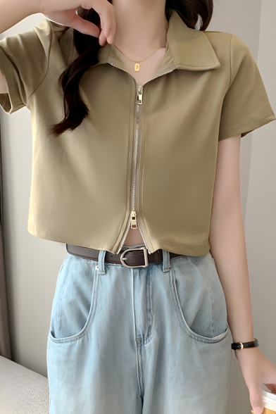 Creative Girls Lapel Short Sleeve Summer Zipper Detail Polo Shirt