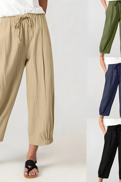 Simple Girls Solid Color Summer Mid-waist Loose Wide-leg Pants