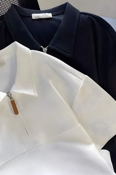 Street Style Men's Solid Color Lapel Short Sleeve Half Zip Polo Shirt