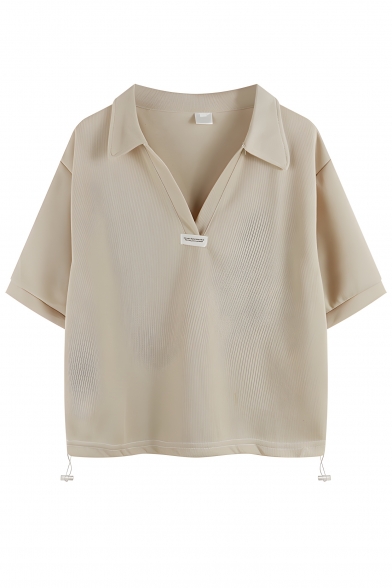 Pretty Girl Solid Color Lapel 5 Quarter Sleeve Summer Polo Shirt
