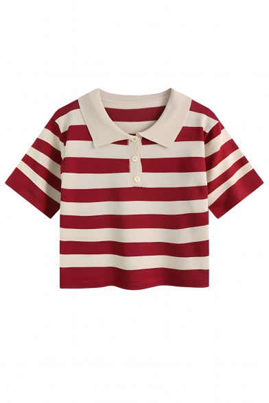 Fashionable Girls' Round Neck Short Sleeve Loose Striped Contrast Color Polo Shirt
