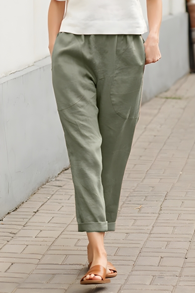 Casual Girls Solid Color Straight Mid-waist Large Pockets Pants