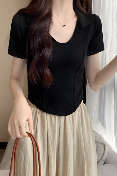Creative Solid Color Short Sleeve Summer Irregular Fishbone Waist Girls Polo Shirt