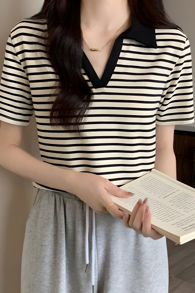 Fashionable Girls Lapel Short Sleeve Loose Striped Contrast Pattern Polo Shirt