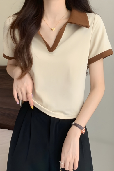 Pretty Girl Color Block Lapel Summer Short Sleeve Polo Shirt