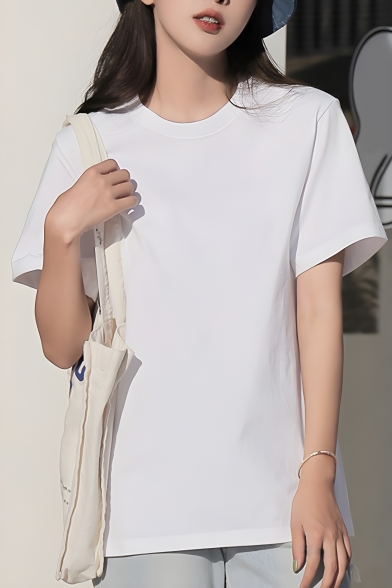 Simple Girls Solid Color Round Neck Summer Loose Short-sleeved T-shirt
