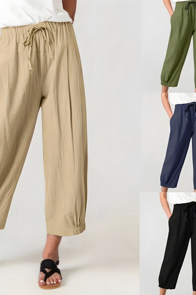Vintage Women's Solid Color Loose Lace-up Pleated Details Wide-leg Pants