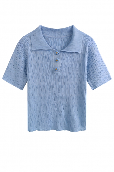 Beautiful Women's Solid Color Lapel Summer Short Sleeve Flower Button Polo Shirt