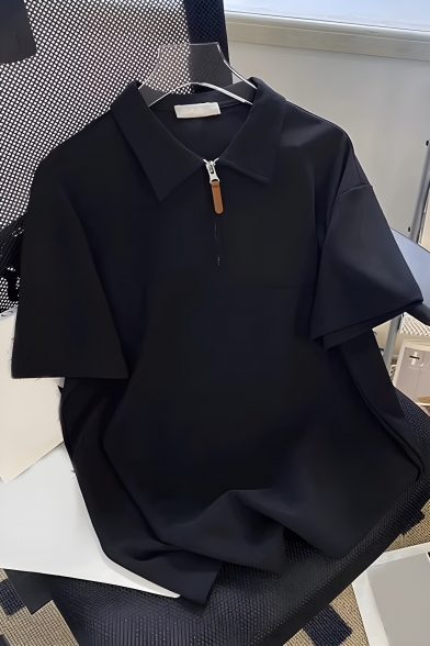 Street Style Men's Solid Color Lapel Short Sleeve Half Zip Polo Shirt